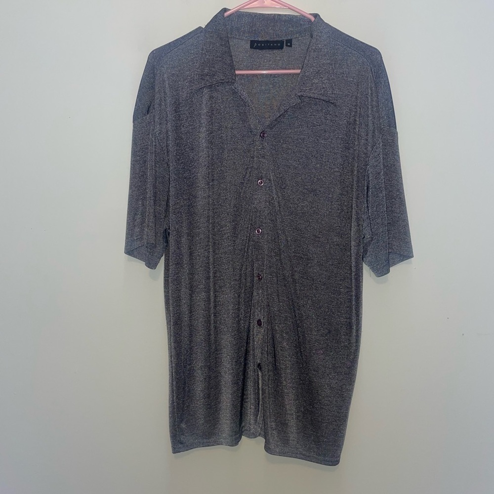 Vintage Positano Silver Shiny Short Sleeve Button Up Size Medium